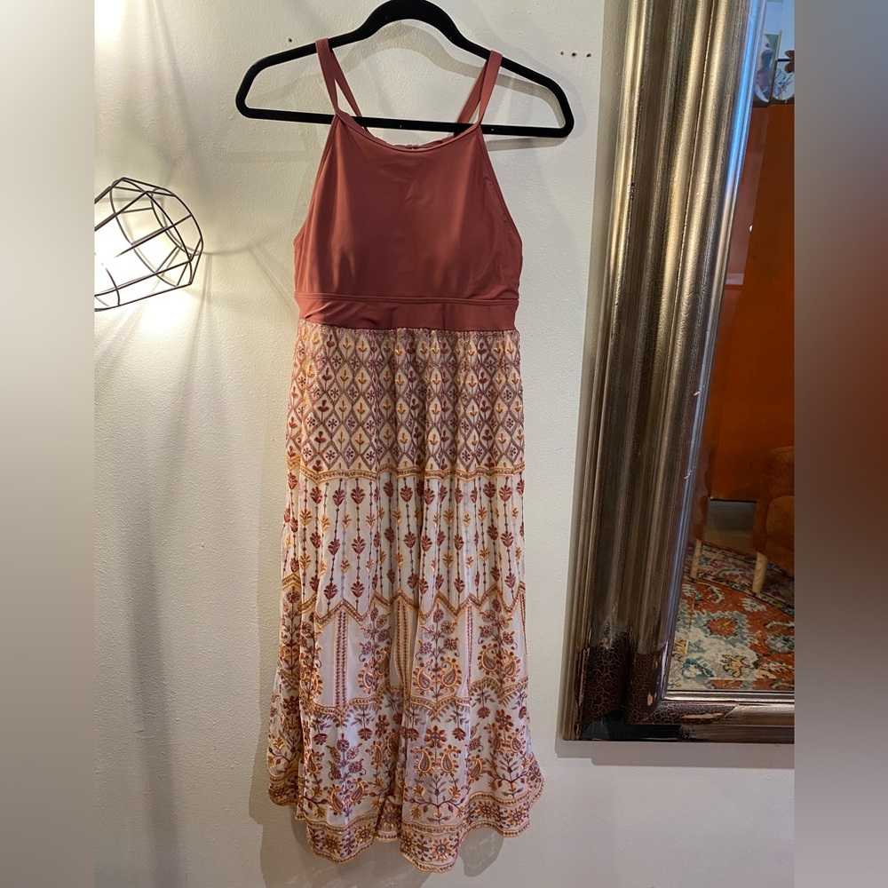 OOAK Upcycled swim top Boho Maxi Dress with Rust Bodice and Printed Skirt